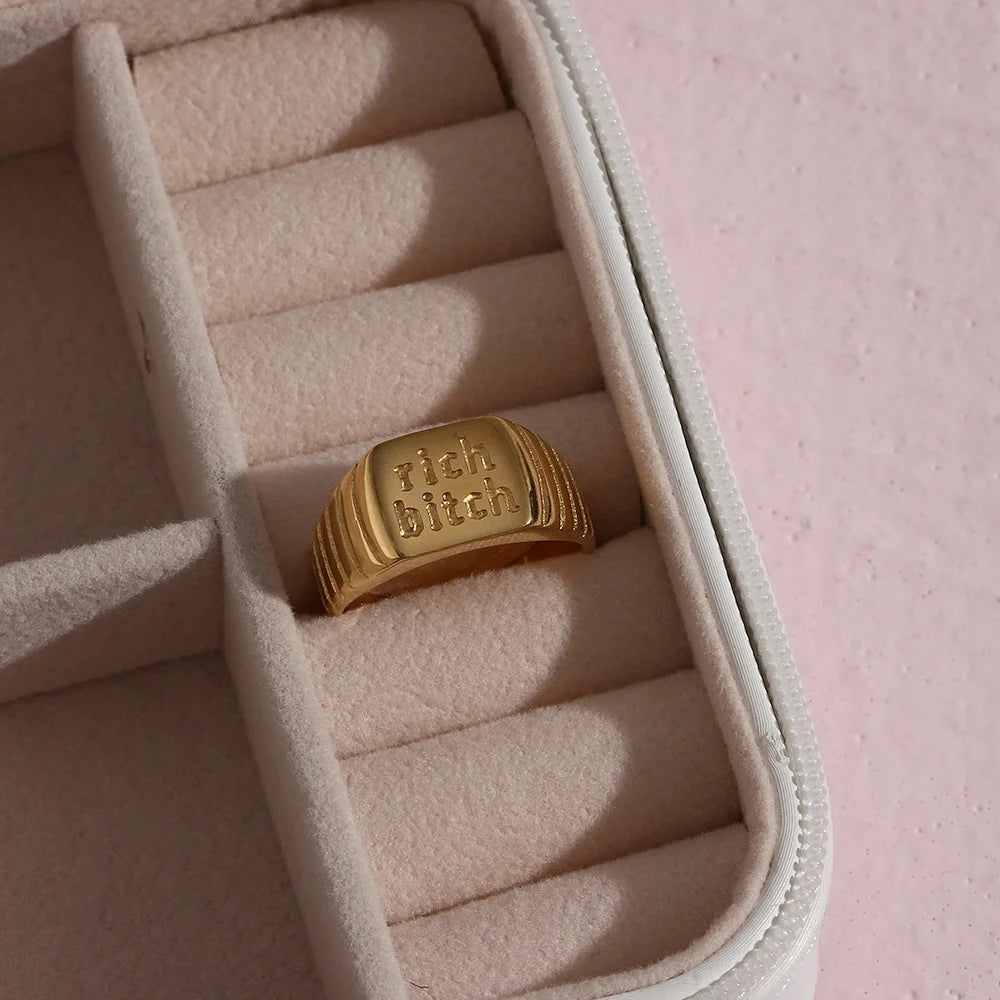 Minimalist Women Letter Number Text Stainless Steel 18K Gold Plated Rings