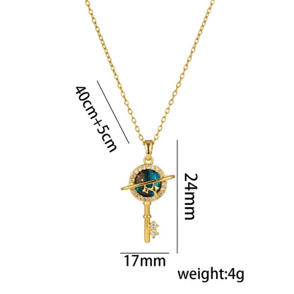 Titanium Steel 18K Gold Plated Casual Minimalist Inlay Star Moon Planet Moonstone Zircon Pendant Necklace