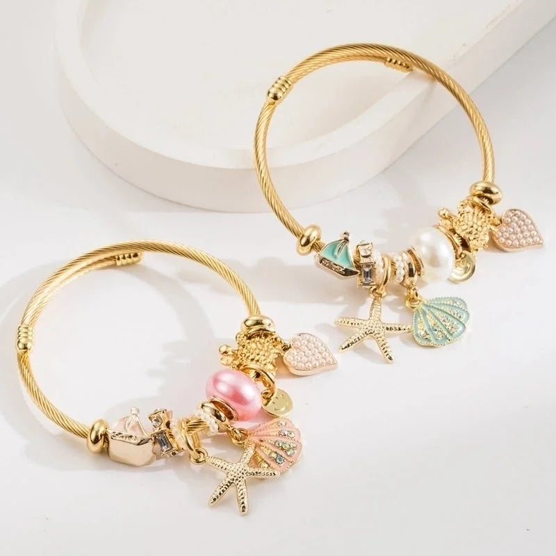 Casual Vacation Classic Style Shell Gold Plated Rhinestones Pearl 304 Stainless Steel Alloy Bangle