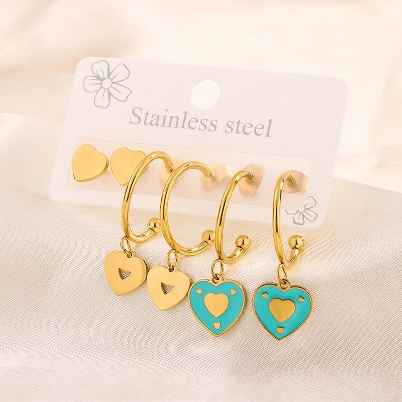 3 Pairs Minimalist Heart Shape Flower Enamel 304 Stainless Steel 18K Gold Plated Drop Earrings Ear Studs