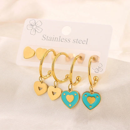 3 Pairs Minimalist Heart Shape Flower Enamel 304 Stainless Steel 18K Gold Plated Drop Earrings Ear Studs