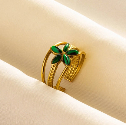 304 Stainless Steel 18K Gold Plated Classical Vintage Style Classic Style Inlay Geometric Flower Artificial Gemstones Imitating Stone Open Rings