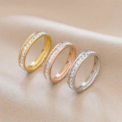 Minimalist Round Titanium Steel Inlay Zircon Rings