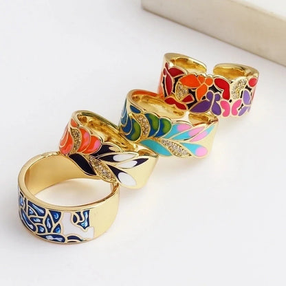 Retro Color Block Copper Open Ring Inlay Zircon Copper Rings
