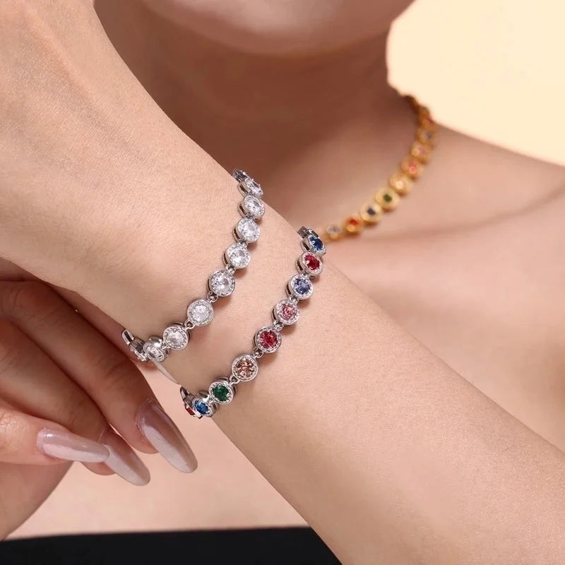 New Arrival Titanium Steel Full Diamond 3A Zircon Mixed Color Bracelet PVD Vacuum Electroplating Non-Fading Necklace Jewelry Suit