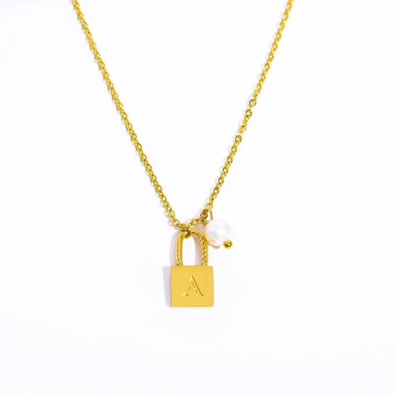 201 Stainless Steel 304 Stainless Steel Glass Gold Plated Casual Minimalist Pearl Plating Letter Lock Pendant Necklace