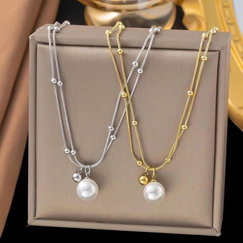 Minimalist Geometric 304 Stainless Steel Pearl 18K Gold Plated Polishing Plating Inlay Double Layer Necklaces