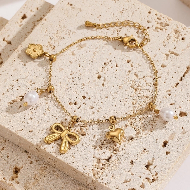Minimalist Heart Shape Bow Knot Titanium Steel 18K Gold Plated Cable Chain Multi Charms Bracelet Bracelets In Bulk