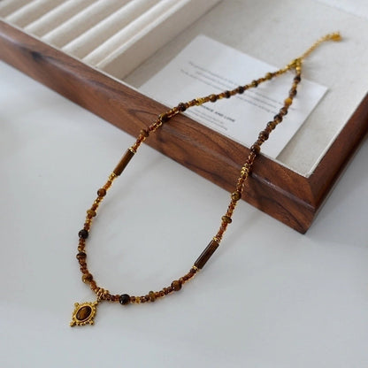 Minimalist Geometric Natural Stone Tiger Eye Pendant Necklace In Bulk