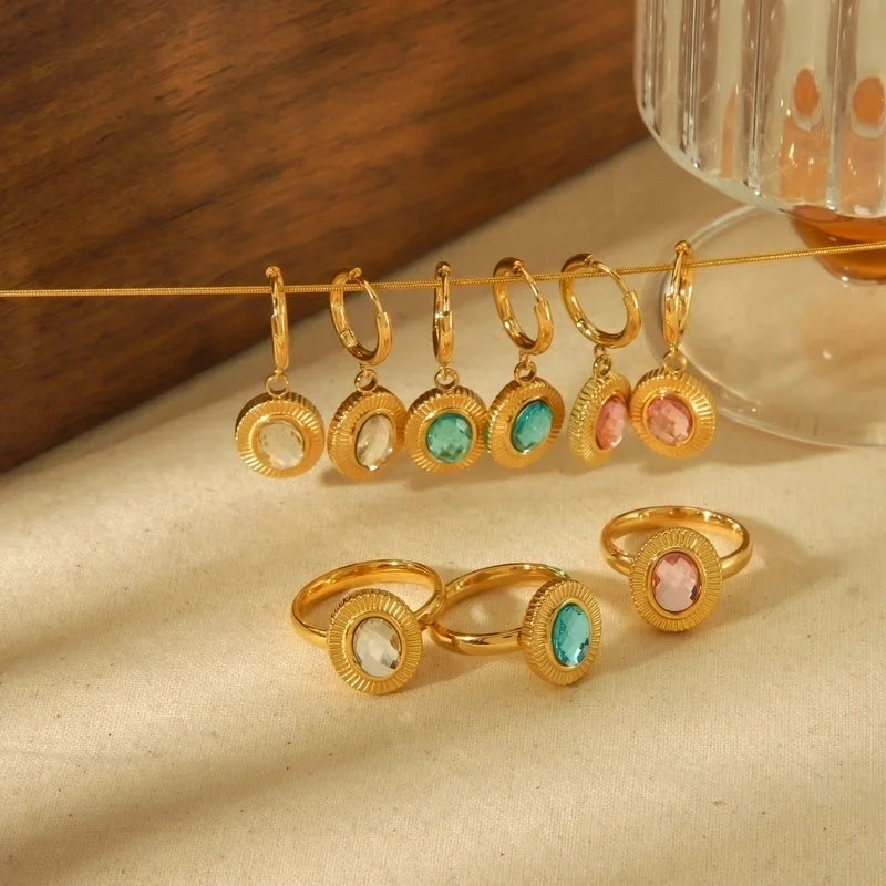 304 Stainless Steel 18K Gold Plated Minimalist Classic Style Polishing Plating Inlay Oval Zircon Rings Earrings