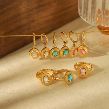 304 Stainless Steel 18K Gold Plated Minimalist Classic Style Polishing Plating Inlay Oval Zircon Rings Earrings