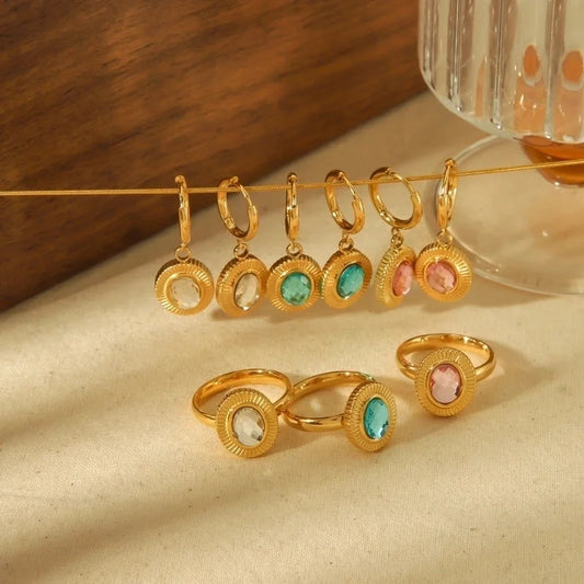 304 Stainless Steel 18K Gold Plated Minimalist Classic Style Polishing Plating Inlay Oval Zircon Rings Earrings