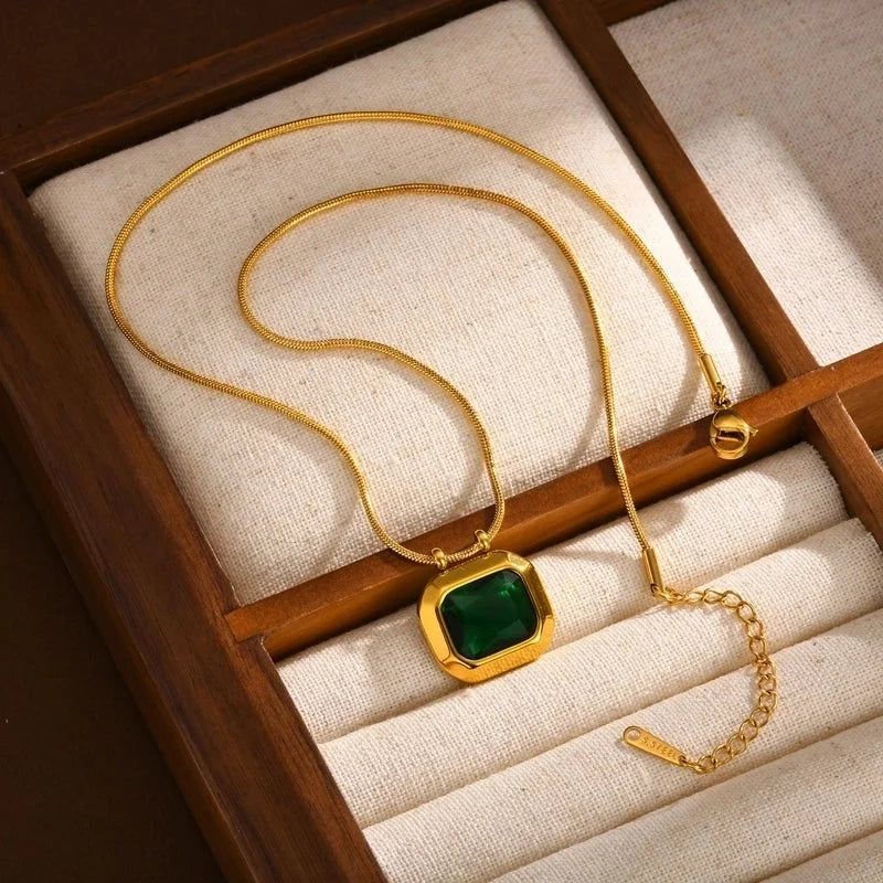 Retro Square 201 Stainless Steel Glass 18K Gold Plated Inlay Pendant Necklace