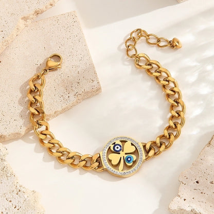 3 Pieces Elegant Four Leaf Clover Life Tree Titanium Steel Cuban Link Chain Curb Chain Bracelets In Bulk