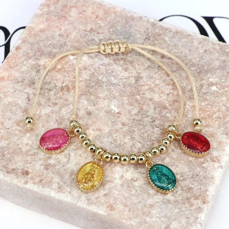 Copper Beaded Enamel Human Virgin Mary Oval Bracelets