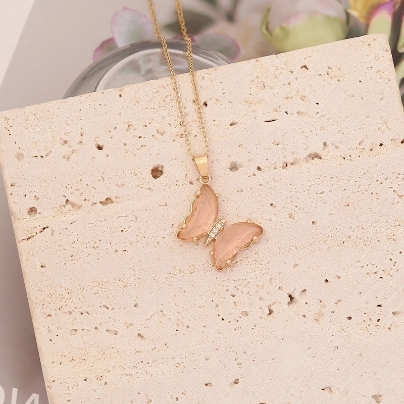 Stainless Steel Glass Copper 18K Gold Plated Cute Butterfly No Inlaid Pendant Necklace