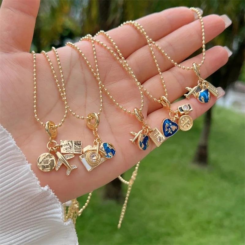 Multi-Style Copper Plating 18K Gold Full Diamond Zircon Travel Around The World Travel Style Series Clip Bead Necklace Necklace Suitable For Daily Wear Of All Ages Suitable For Gifts Original New Arrivals