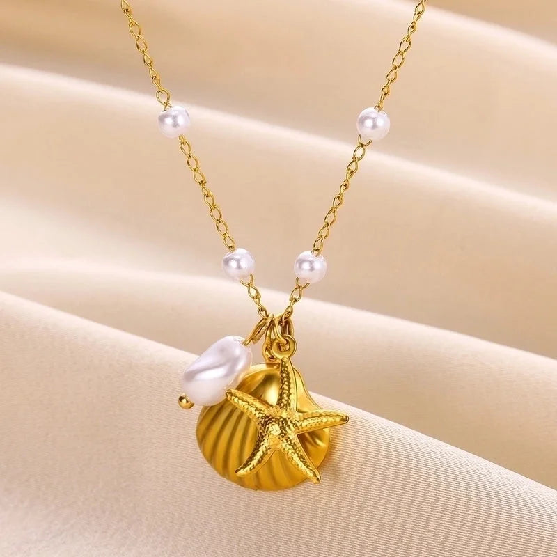 Beach Starfish Conch 304 Stainless Steel 18K Gold Plated Pendant Necklace