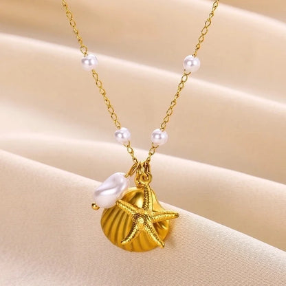 Beach Starfish Conch 304 Stainless Steel 18K Gold Plated Pendant Necklace