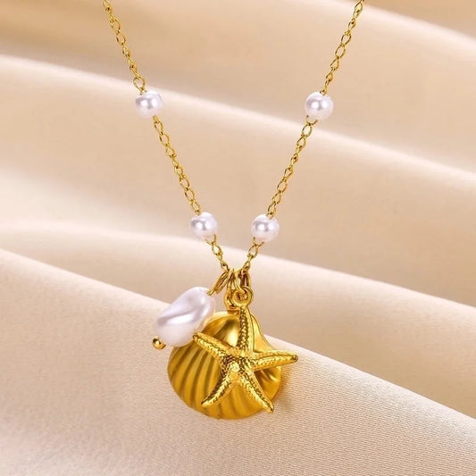 Beach Starfish Conch 304 Stainless Steel 18K Gold Plated Pendant Necklace