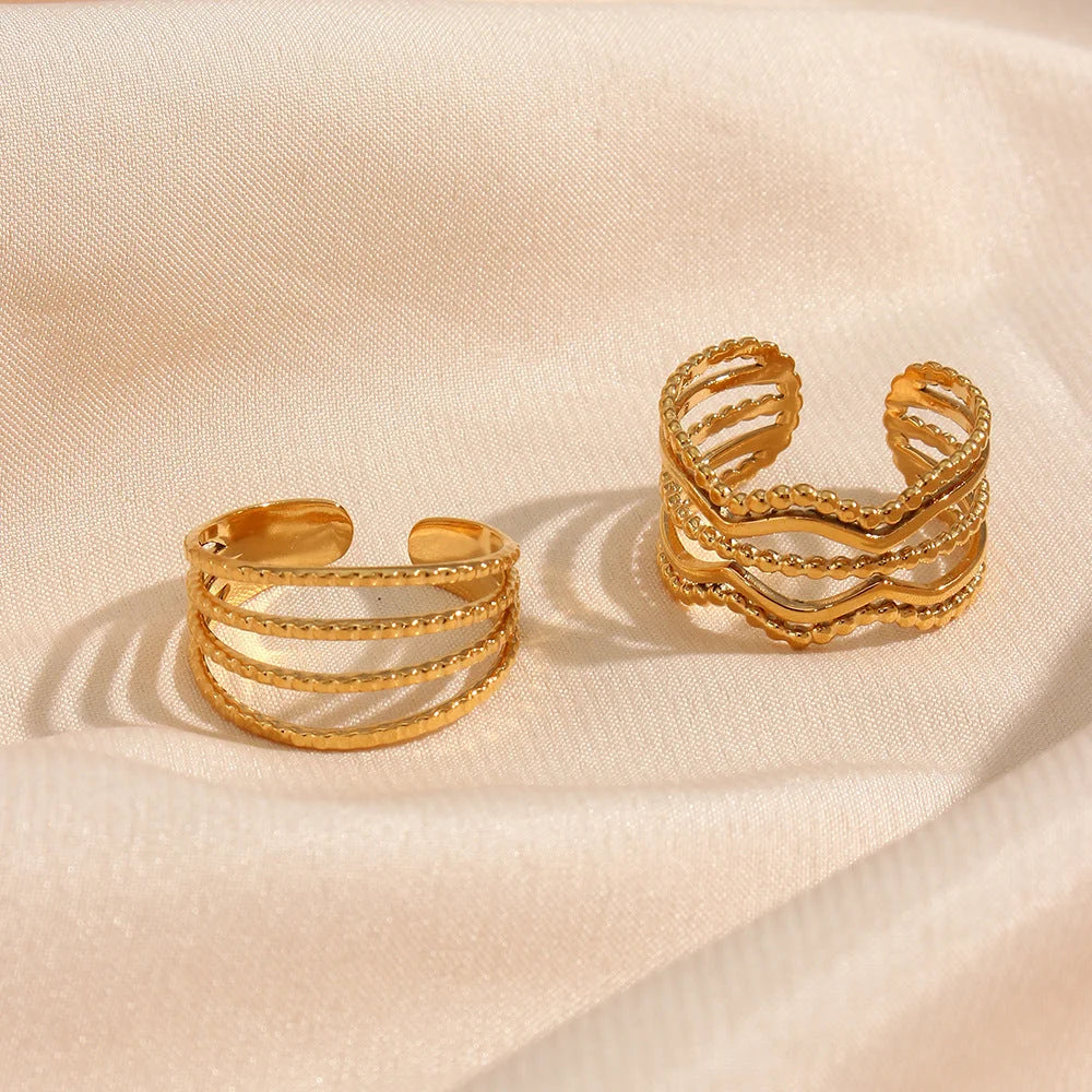 Women Fashion Stripe Geometric Stainless Steel 18K Gold Plated Rings