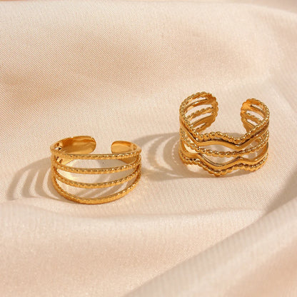 Women Fashion Stripe Geometric Stainless Steel 18K Gold Plated Rings