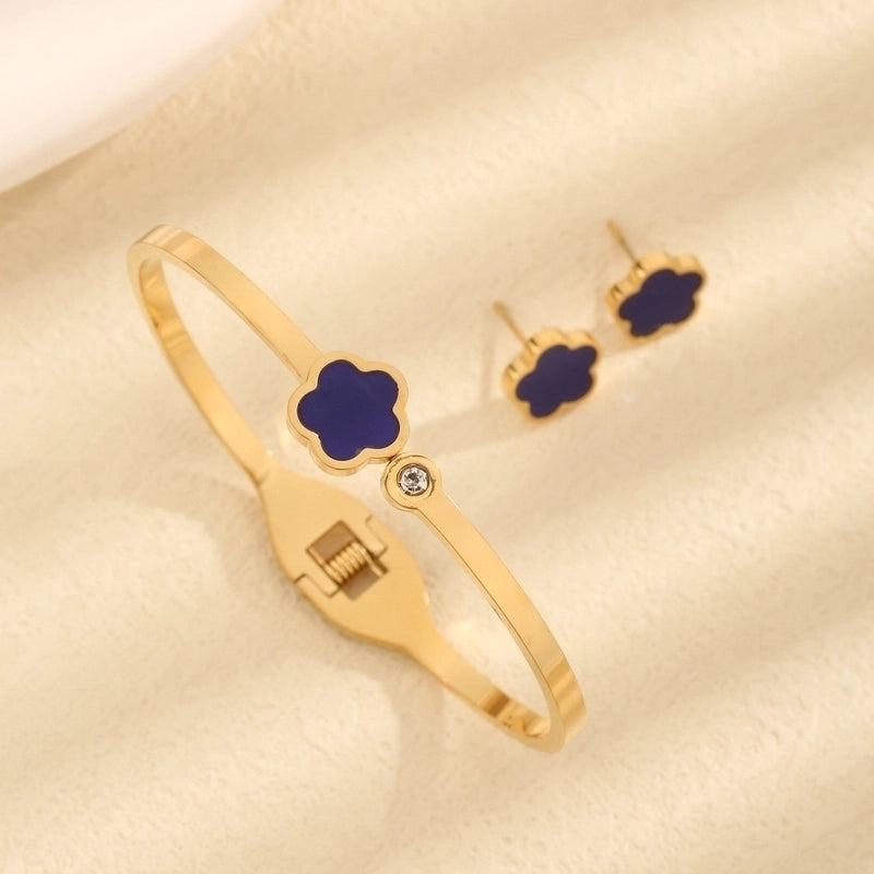 Vintage Style Minimalist Flower 304 Stainless Steel Acrylic Zircon 18K Gold Plated Inlay Jewelry Set