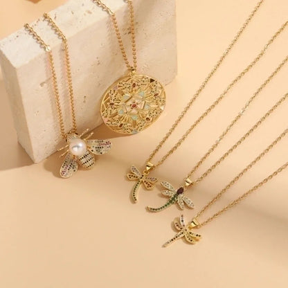 304 Stainless Steel Copper Lady Irregular Plating Inlay Insect Artificial Pearls Zircon Pendant Necklace
