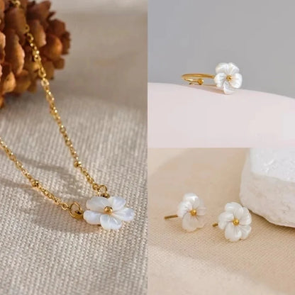 IG Style Elegant Sweet Flower 304 Stainless Steel Shell 18K Gold Plated Inlay Rings Earrings Necklace