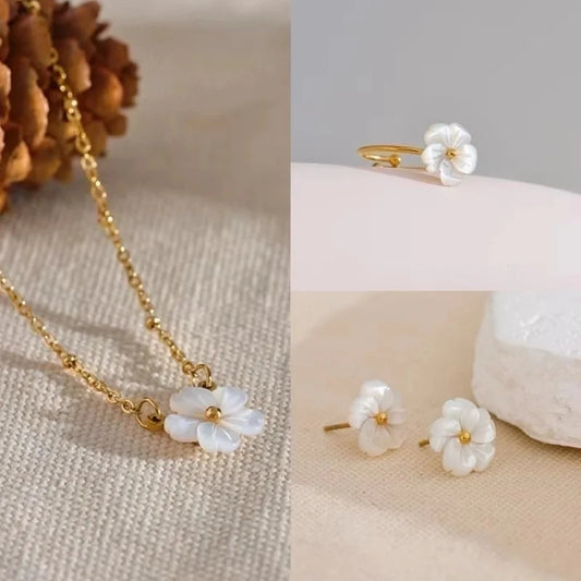 IG Style Elegant Sweet Flower 304 Stainless Steel Shell 18K Gold Plated Inlay Rings Earrings Necklace