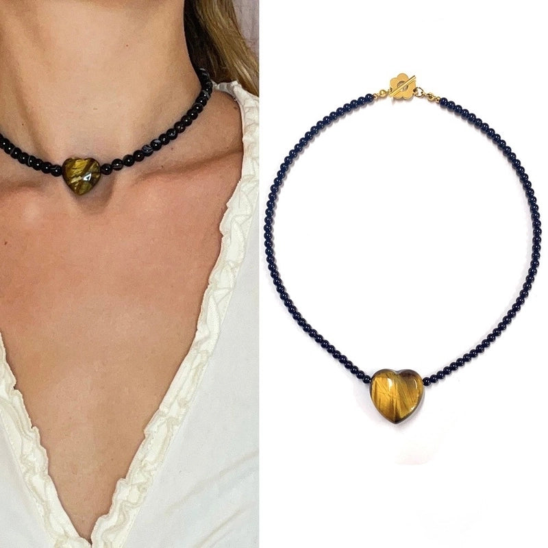 2 Pieces Minimalist Heart Shape Natural Stone Titanium Steel Pendant Necklace In Bulk