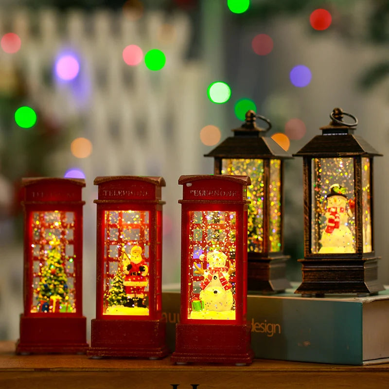 2 Pieces Christmas Light-up Water-filled Christmas Lantern Desktop Ornament Santa Claus Interior Scene Telephone Booth Gift
