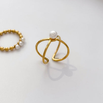 Retro French Style Geometric Titanium Steel Pearl Inlay Rings