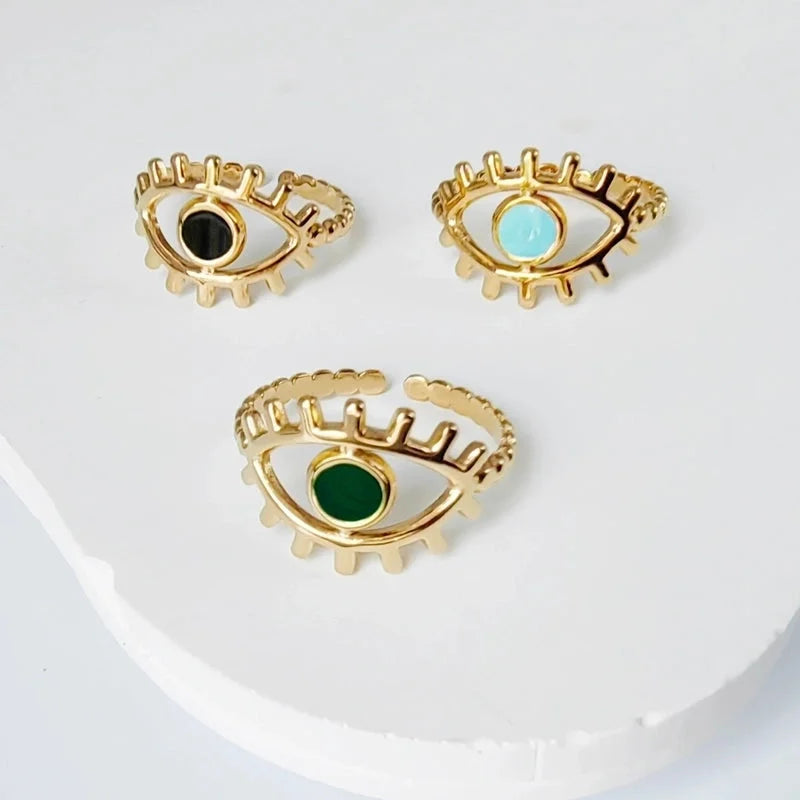 3 Pieces Casual Minimalist Leaves Eye 304 Stainless Steel 18K Gold Plated Enamel Hollow Out Open Rings