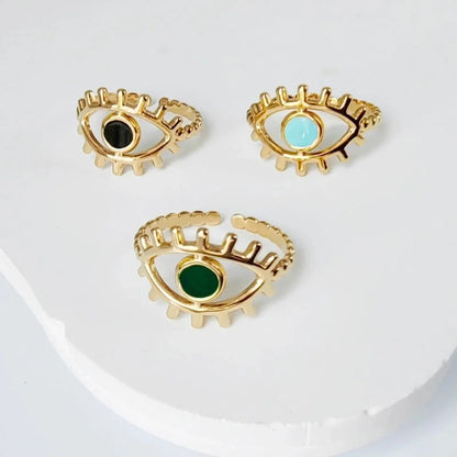 3 Pieces Casual Minimalist Leaves Eye 304 Stainless Steel 18K Gold Plated Enamel Hollow Out Open Rings