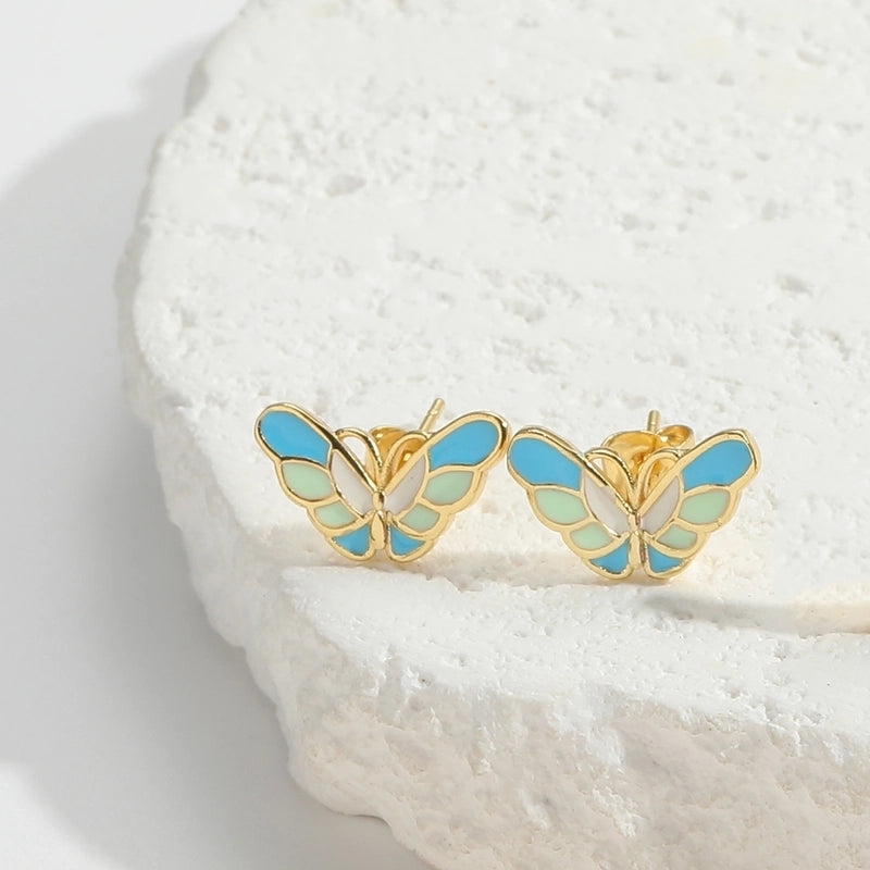 1 Pair Elegant Minimalist Commute Dragonfly Butterfly Enamel Inlay Copper Zircon 14K Gold Plated Ear Studs