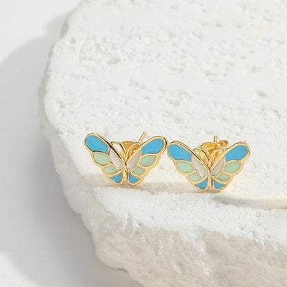 1 Pair Elegant Minimalist Commute Dragonfly Butterfly Enamel Inlay Copper Zircon 14K Gold Plated Ear Studs