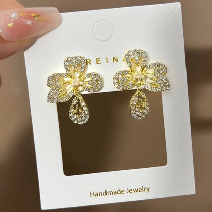 1 Pair Fashion Leaf Flower Bow Knot Imitation Pearl Alloy Rhinestones Earrings