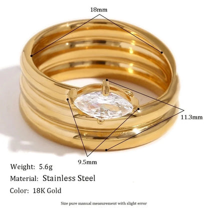 Artistic Lines 304 Stainless Steel Rhinestones 18K Gold Plated Layered Plating Inlay Rings
