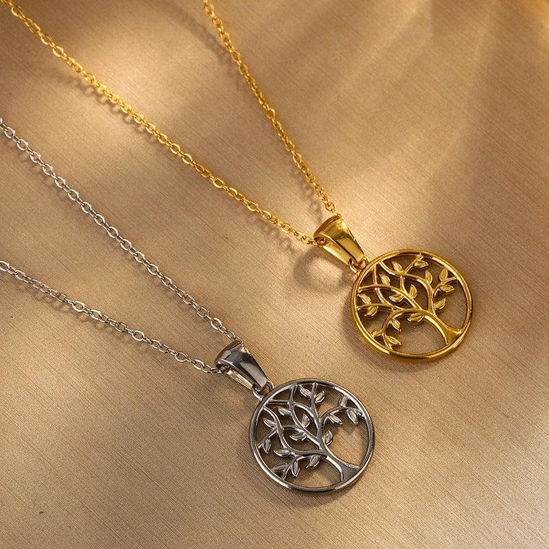 Minimalist Round Tree 304 Stainless Steel 18K Gold Plated Plating Hollow Out Pendant Necklace