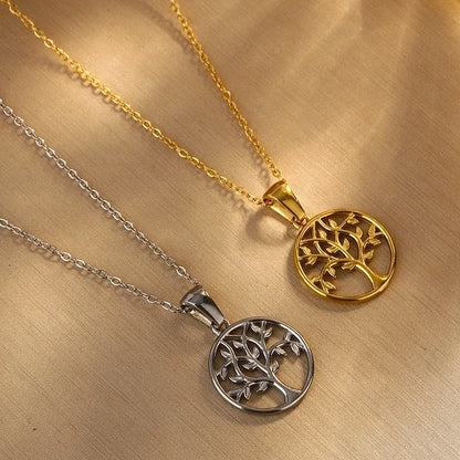 Minimalist Round Tree 304 Stainless Steel 18K Gold Plated Plating Hollow Out Pendant Necklace