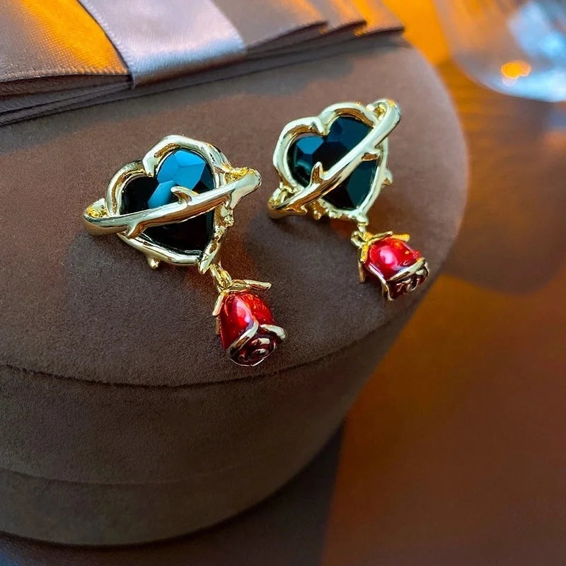 1 Pair Minimalist Flower Copper Enamel Rhinestones Drop Earrings Ear Studs