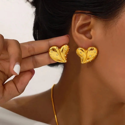 304 Stainless Steel 18K Gold Plated Elegant Minimalist Plating Inlay Heart Shape Rhinestones Earrings Necklace