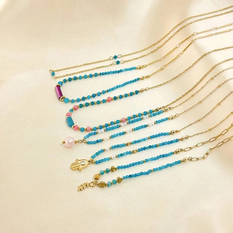 Elegant Geometric 304 Stainless Steel Natural Stone Beaded Chain Cable Chain Pendant Necklace In Bulk