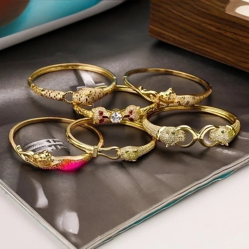 2 Pieces Hip-hop Leopard Copper 18k Gold Plated Pearl Zircon Bangle In Bulk
