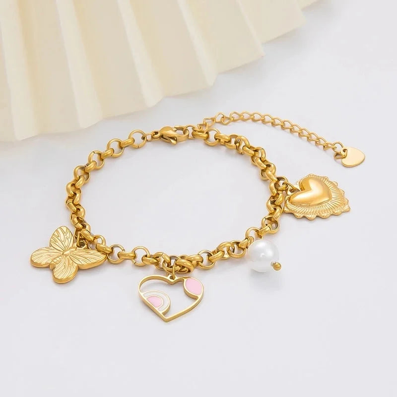 IG Style Sweet Heart Shape Flower Butterfly 304 Stainless Steel 18K Gold Plated Pearl Bracelets Necklace