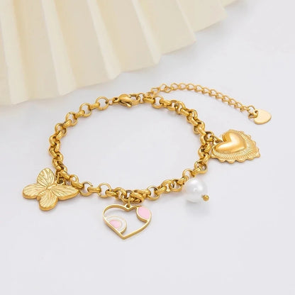 IG Style Sweet Heart Shape Flower Butterfly 304 Stainless Steel 18K Gold Plated Pearl Bracelets Necklace