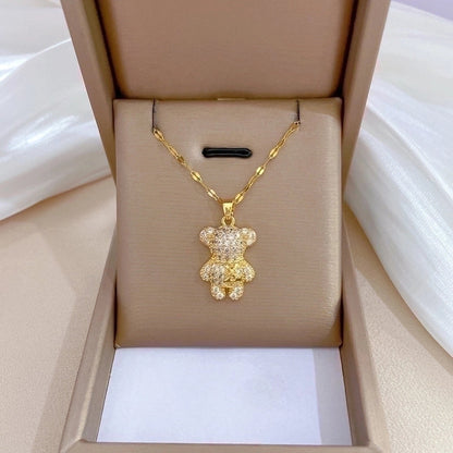 2 Pieces Minimalist Bear Titanium Steel Copper Plating Inlay Zircon Pendant Necklace