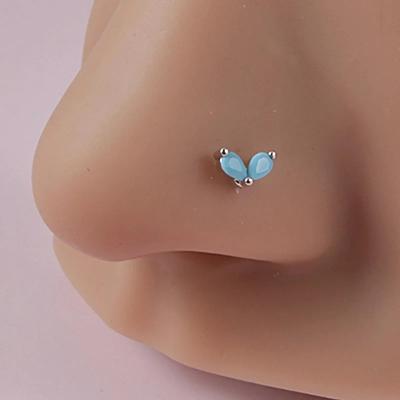2 Pieces Nose Rings & Studs Minimalist Flower 304 Stainless Steel Turquoise Turquoise