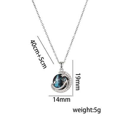 Titanium Steel 18K Gold Plated Casual Minimalist Inlay Star Moon Planet Moonstone Zircon Pendant Necklace